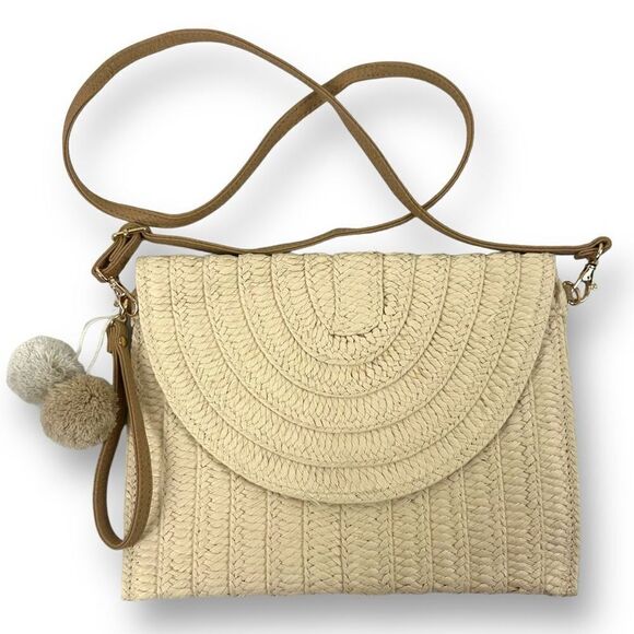 Boutique Handbags - Boutique Woven Straw Crossbody Purse Beige Cream Boho Bag Neutral Puff Charm